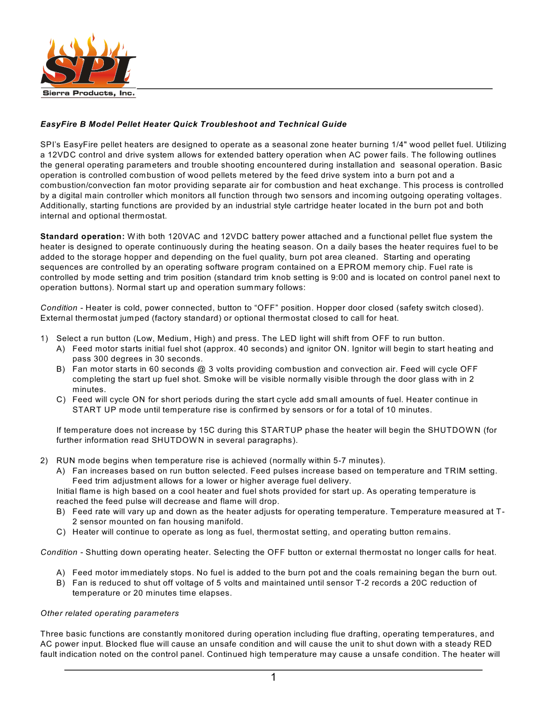 Sierra Products EasyFire B manual Other related operating parameters 