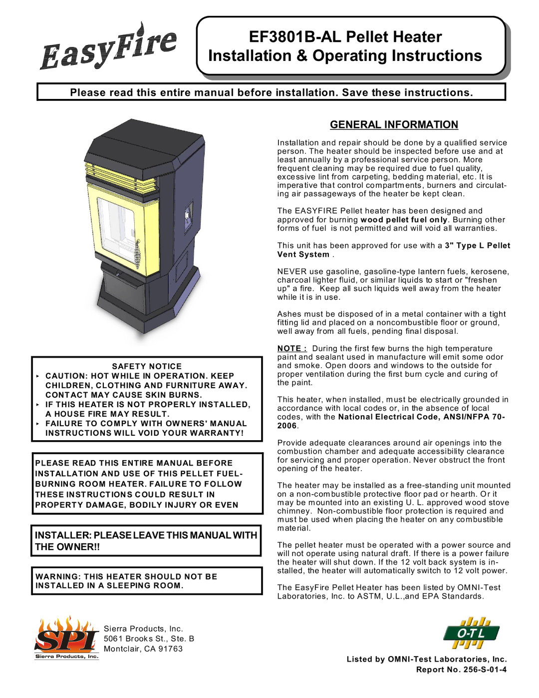 Sierra Products EF-3801B-AL owner manual General Information, 2006 