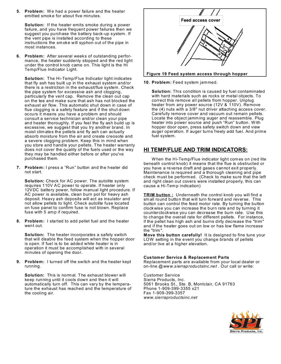 Sierra Products EF-3801B-AL owner manual HI TEMP/FLUE and Trim Indicators, Customer Service & Replacement Parts 