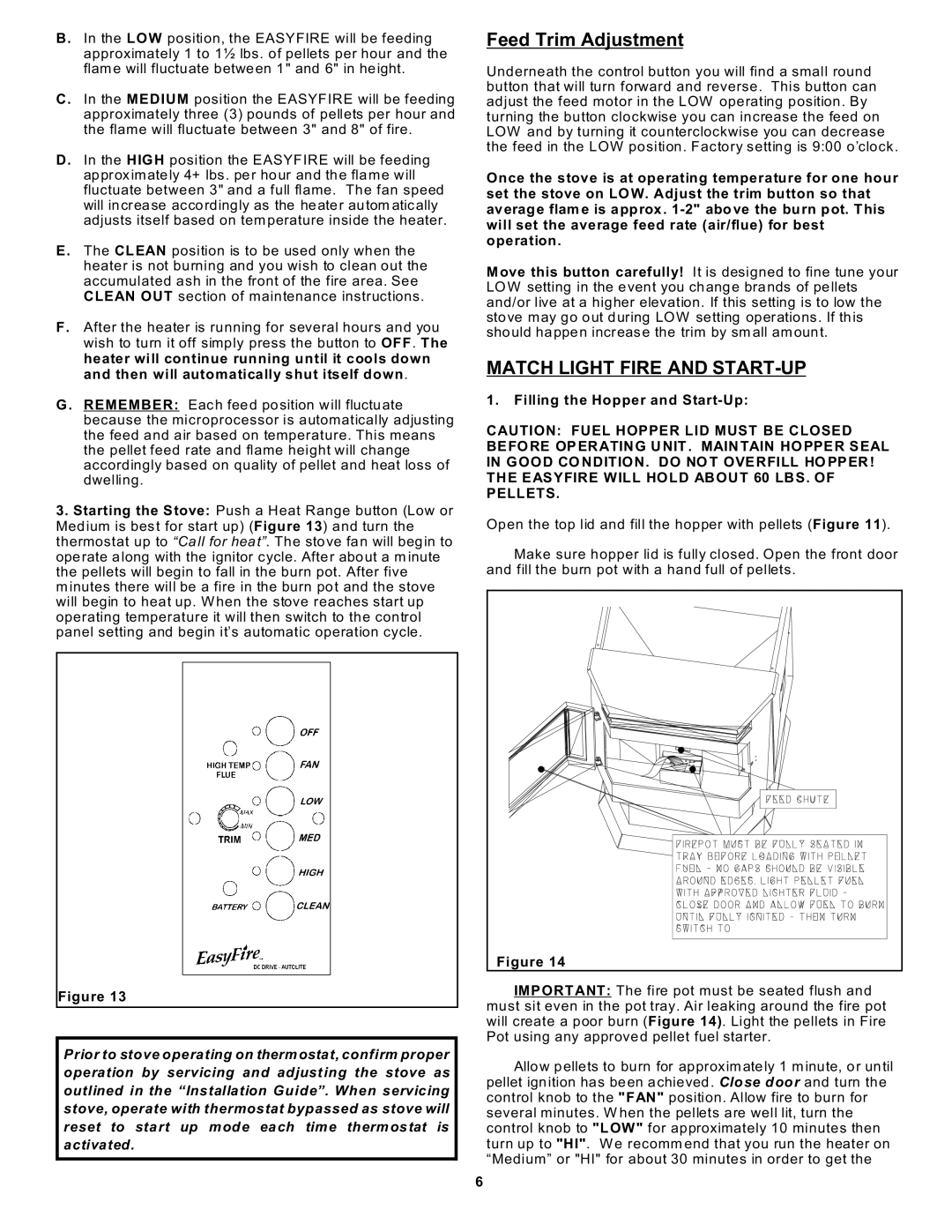 Sierra Products EF-3801B-AL Feed Trim Adjustment, Match Light Fire and START-UP, Filling the Hopper and Start-Up 