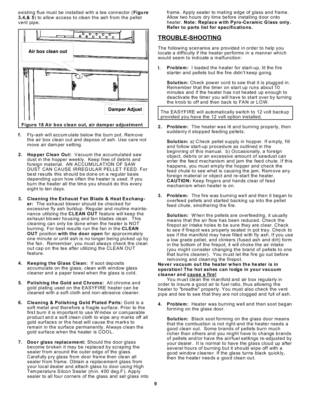 Sierra Products EF-3801B-AL owner manual Trouble-Shooting, Air box clean out, air damper adjustment 