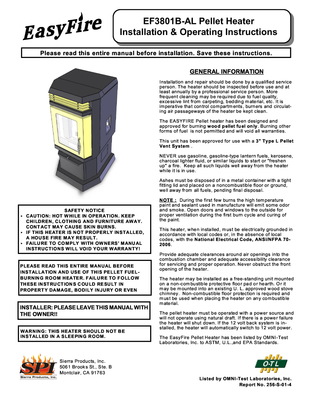 Sierra Products EF-3801B-AL owner manual General Information, EF3801B-ALPellet Heater, The Owner 