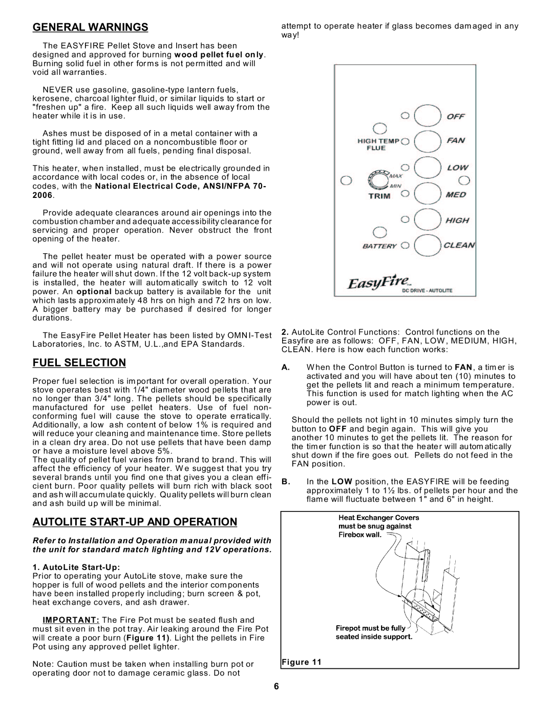 Sierra Products EF-4001B General Warnings, Fuel Selection, Autolite START-UP and Operation, AutoLite Start-Up 