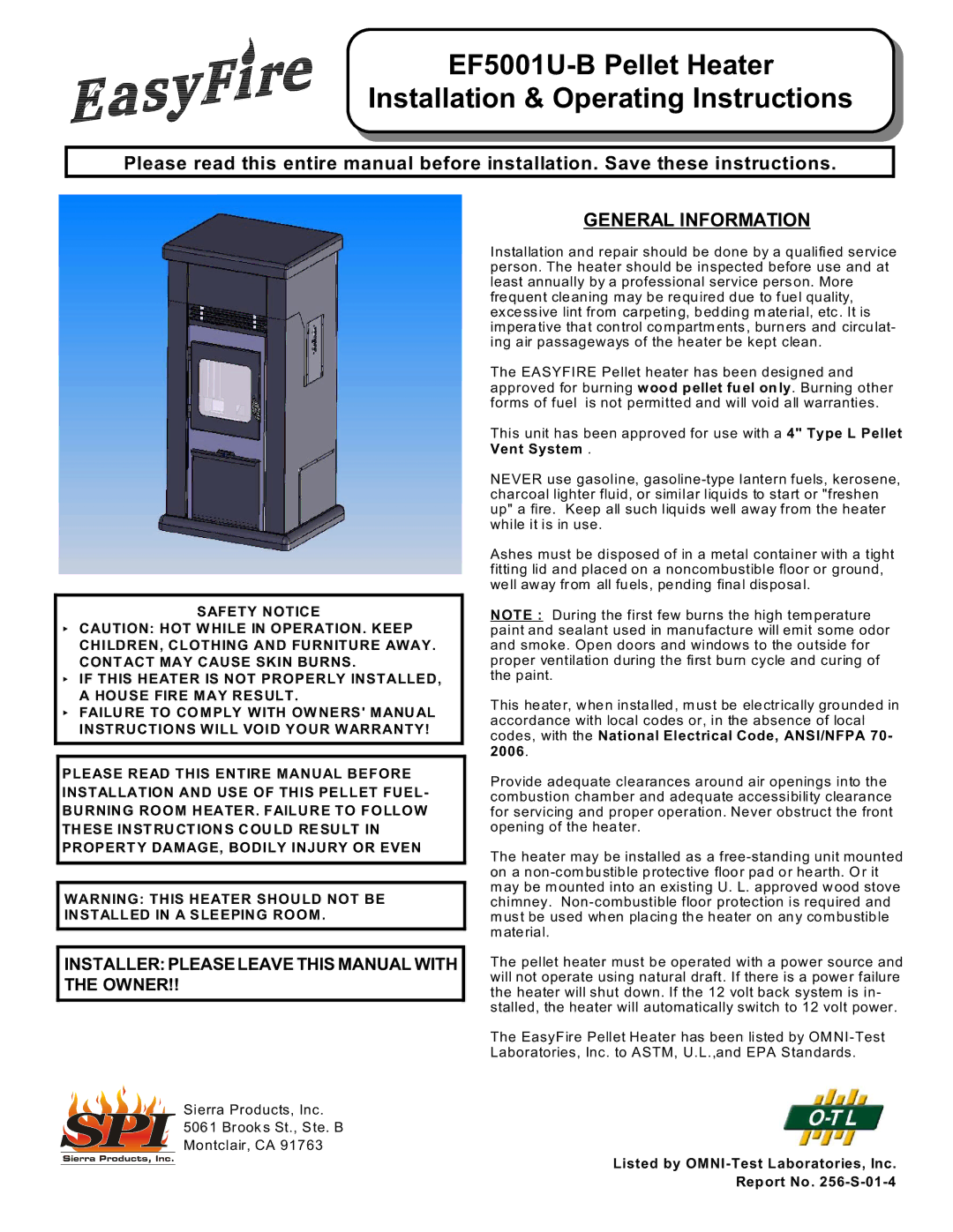 Sierra Products EF-5001UB owner manual General Information, 2006, Listed by OMNI-Test Laboratories, Inc Report No -S-01-4 