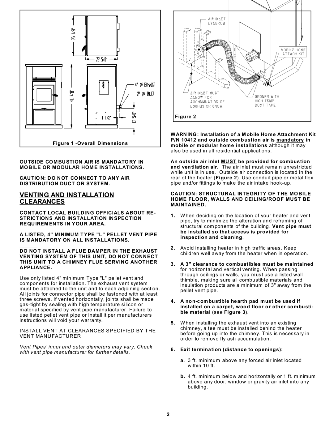 Sierra Products EF-5001UB Venting and Installation Clearances, An outside air inlet MU ST be provided for combustion 