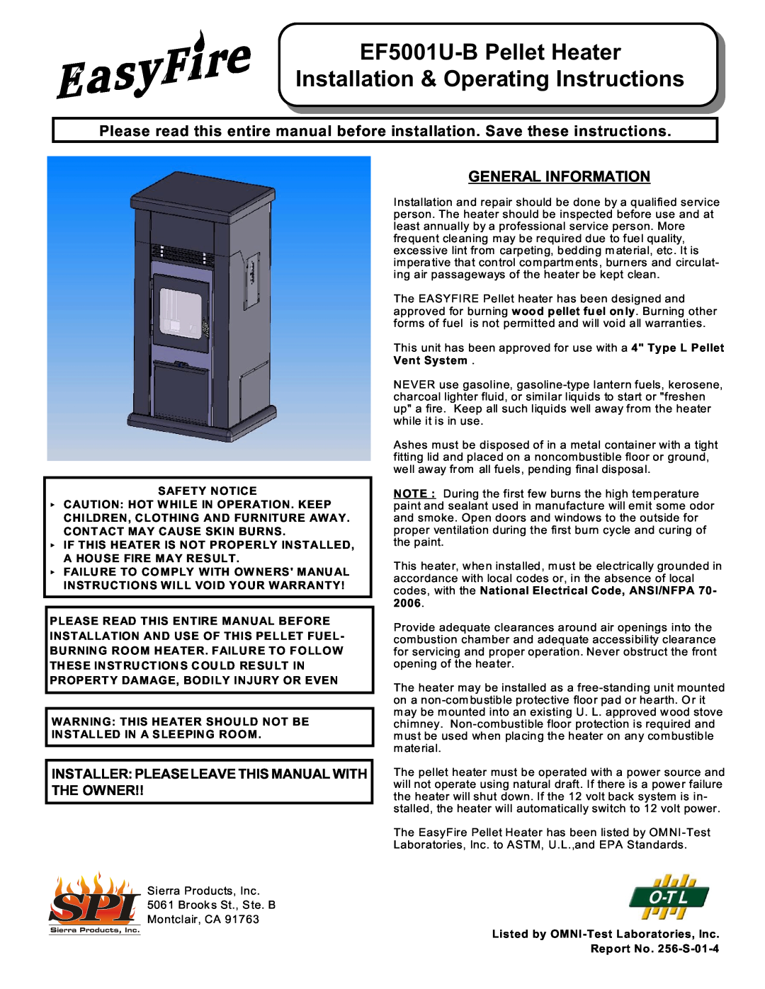 Sierra Products EF-5001UB owner manual General Information, EF5001U-BPellet Heater, Installation & Operating Instructions 