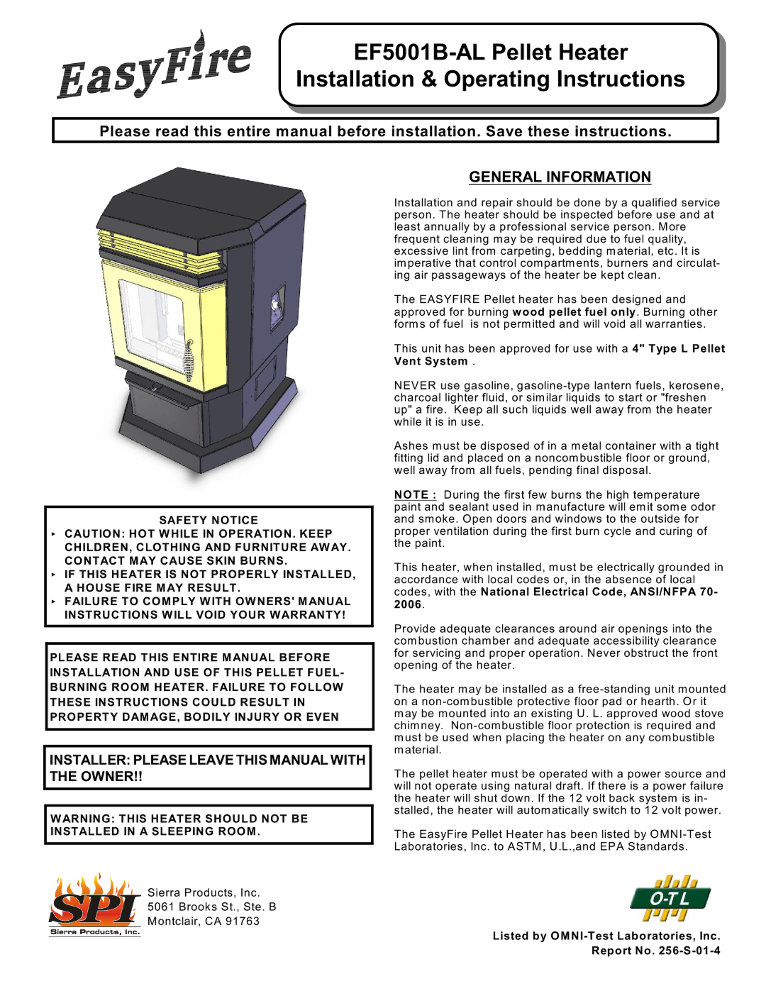 Sierra Products EF5001B-AL owner manual General Information, 2006, Listed by OMNI-Test Laboratories, Inc Report No -S-01-4 