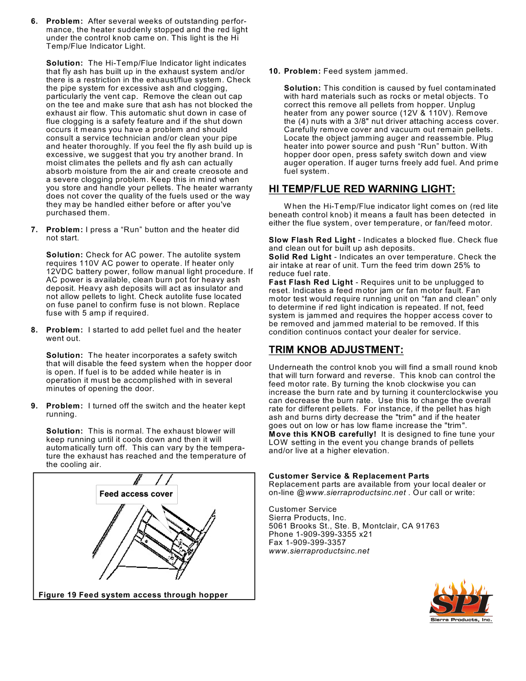 Sierra Products EF5001B-AL HI TEMP/FLUE RED Warning Light, Trim Knob Adjustment, Customer Service & Replacement Parts 