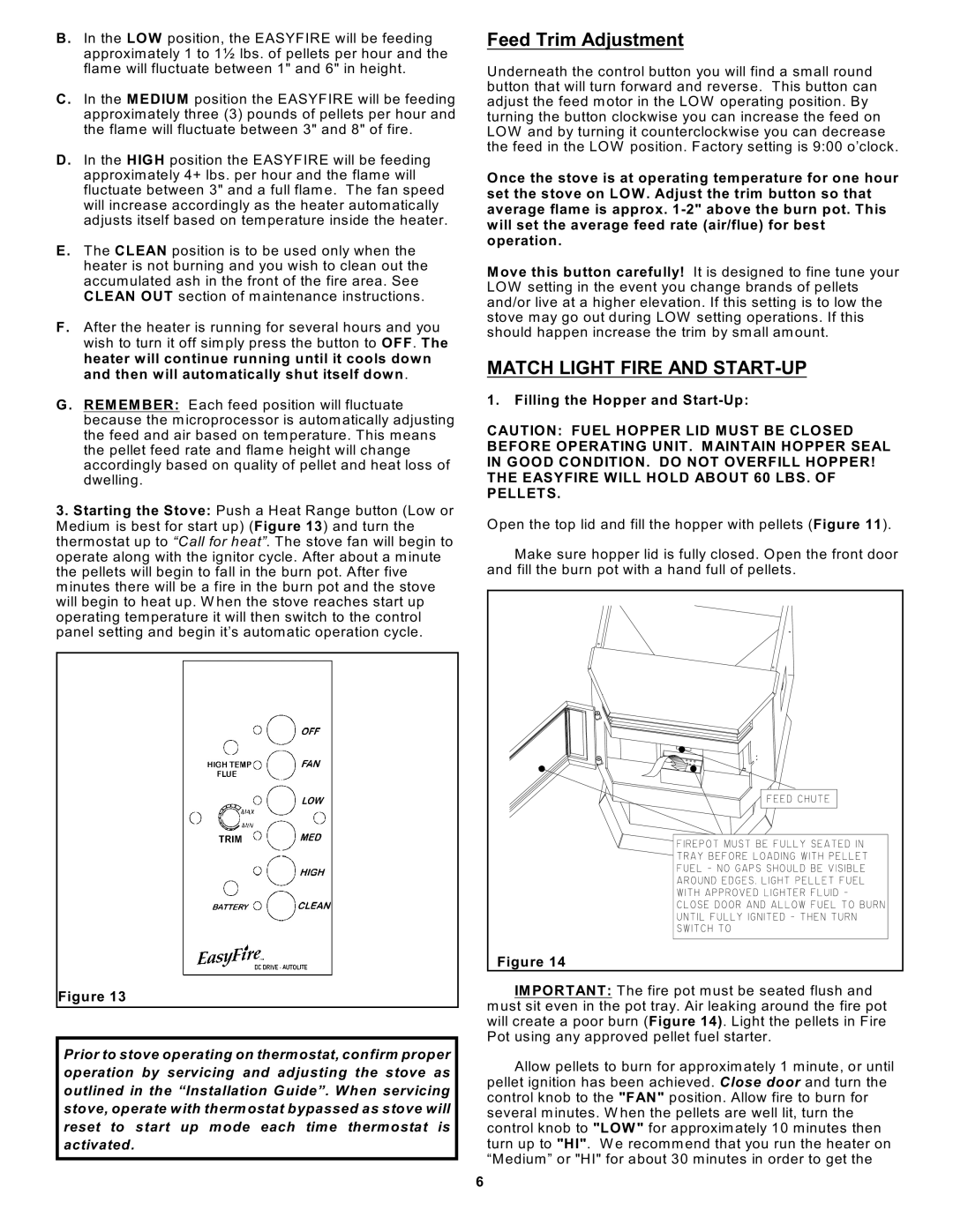 Sierra Products EF5001B-AL Feed Trim Adjustment, Match Light Fire and START-UP, Filling the Hopper and Start-Up 