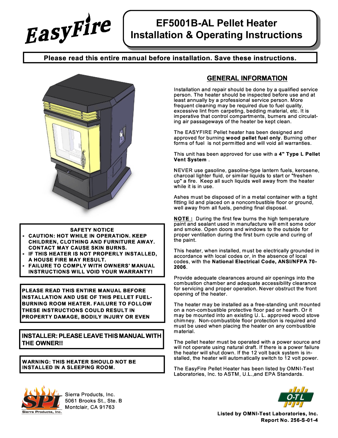 Sierra Products owner manual General Information, EF5001B-ALPellet Heater, Installation & Operating Instructions 