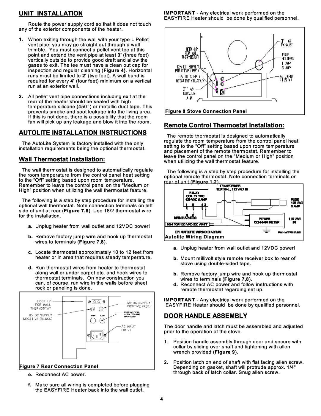 Sierra Products EF5001B-AL owner manual Unit Installation, Autolite Installation Instructions, Wall Thermostat Installation 