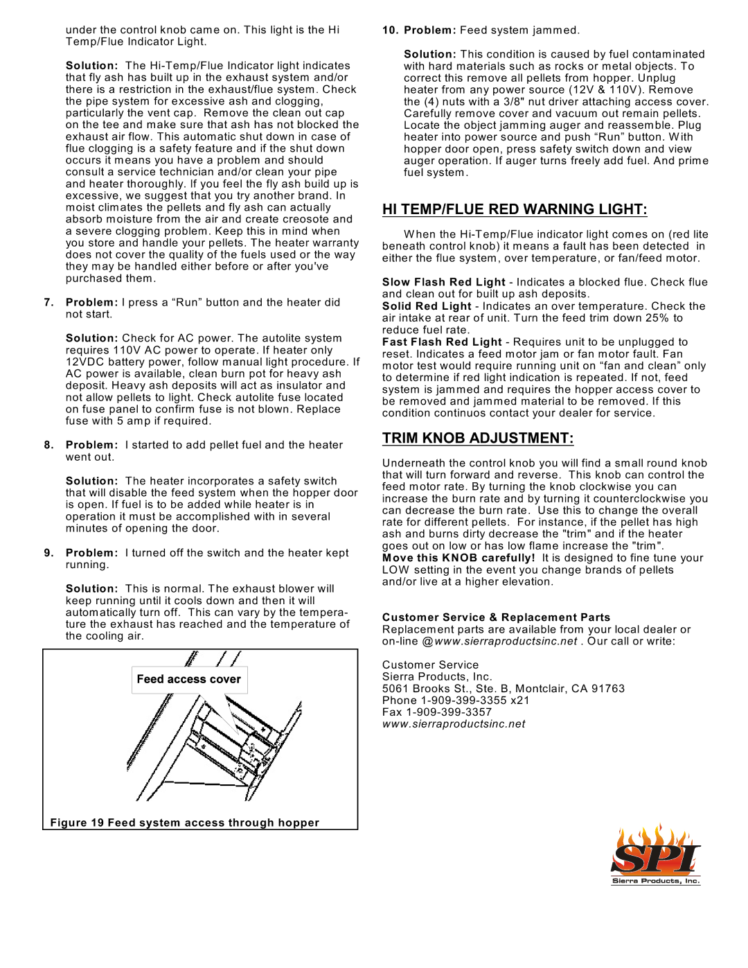 Sierra Products EF5001U HI TEMP/FLUE RED Warning Light, Trim Knob Adjustment, Customer Service & Replacement Parts 