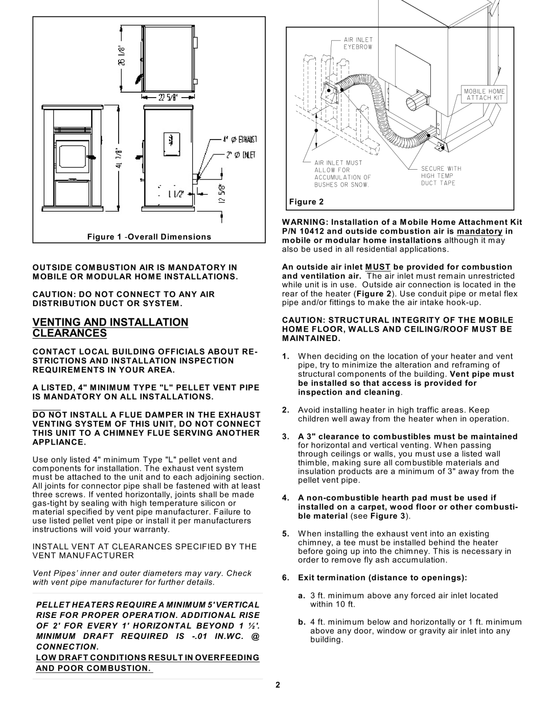 Sierra Products EF5001U Venting and Installation Clearances, An outside air inlet Must be provided for combustion 