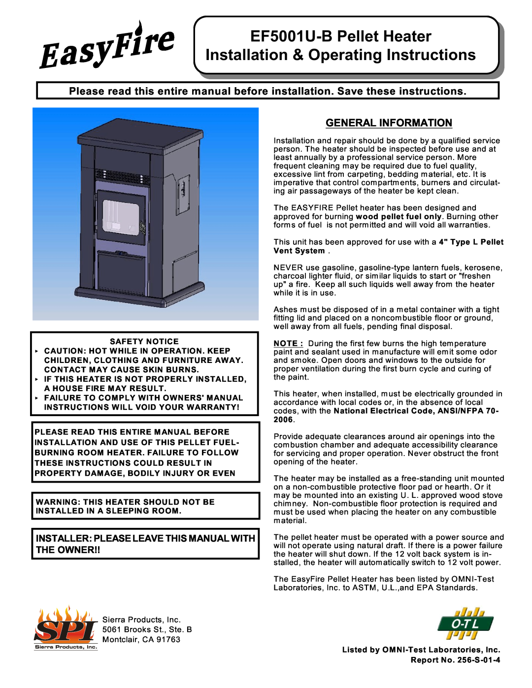 Sierra Products owner manual General Information, EF5001U-BPellet Heater, Installation & Operating Instructions 