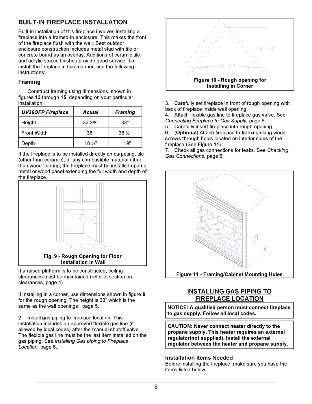 Sierra Products UV360FP BUILT-IN Fireplace Installation, Installing GAS Piping to Fireplace Location, Framing 