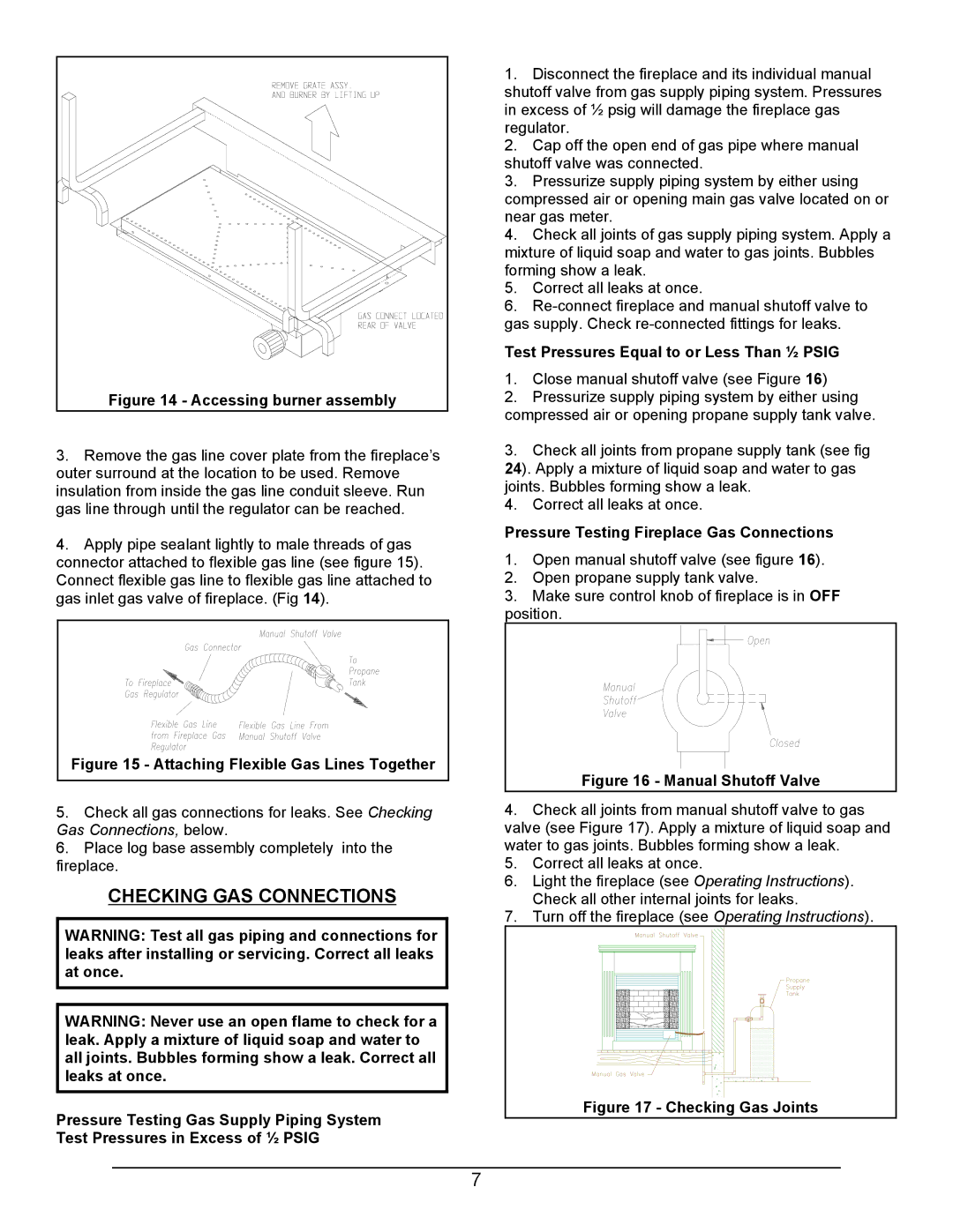 Sierra Products UV360FP operating instructions Checking GAS Connections, Test Pressures Equal to or Less Than ½ Psig 