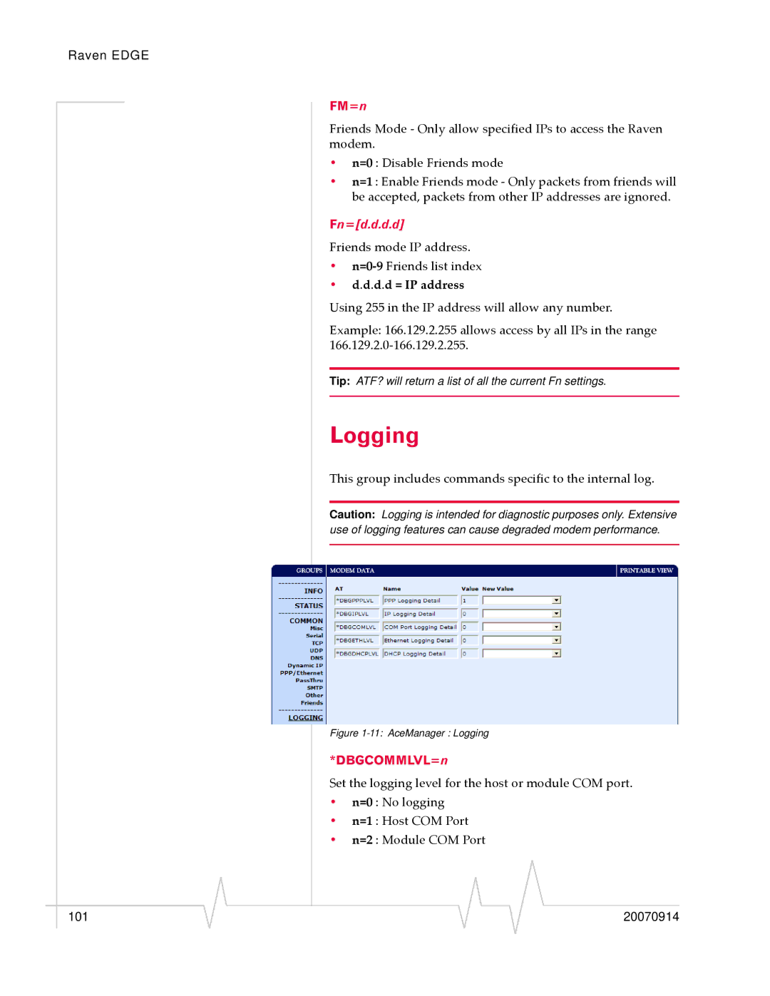 Sierra Raven EDGE manual Logging, FM=n, D.d = IP address, DBGCOMMLVL=n 