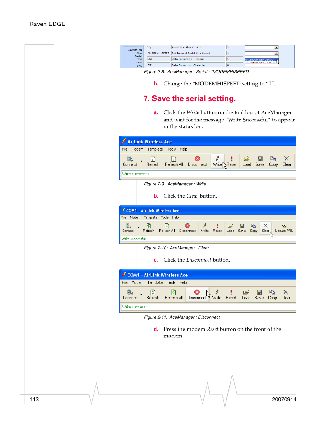 Sierra Raven EDGE manual Save the serial setting, AceManager Serial *MODEMHISPEED 