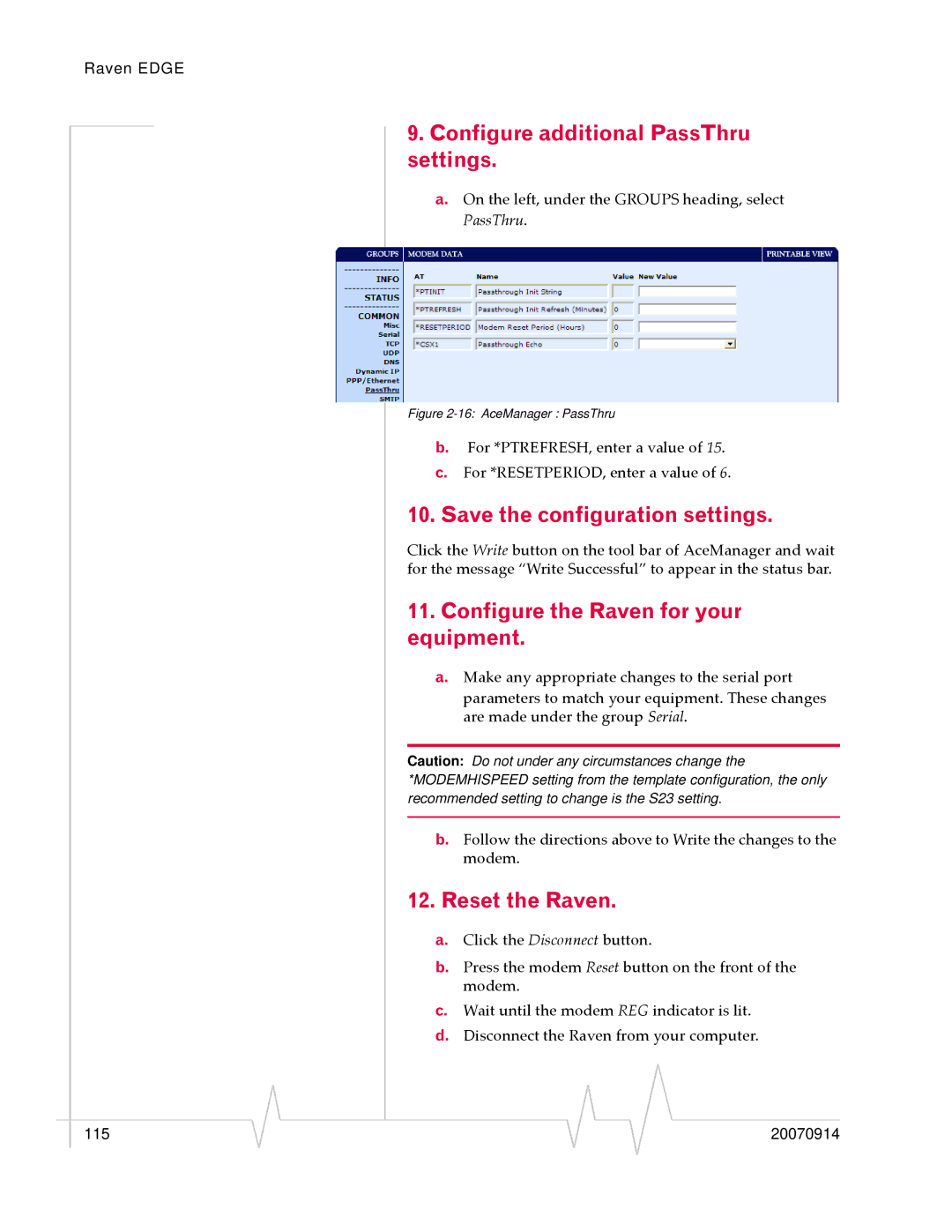 Sierra Raven EDGE manual Configure additional PassThru settings, Save the configuration settings, Reset the Raven 