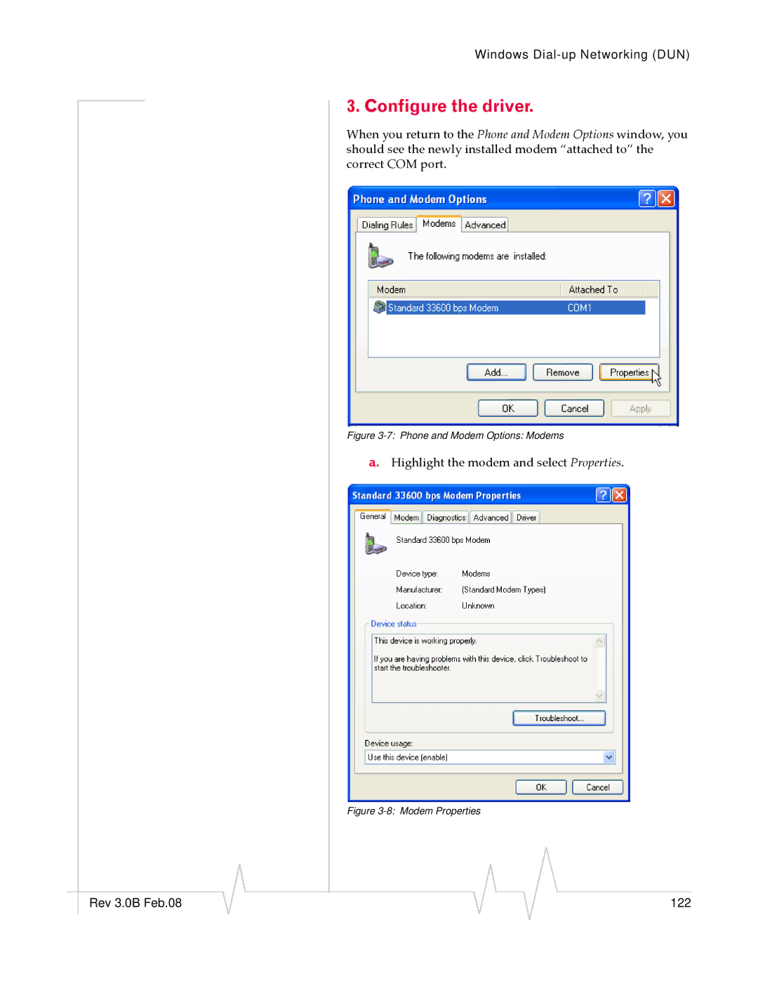 Sierra Raven EDGE manual Configure the driver, Modem Properties 