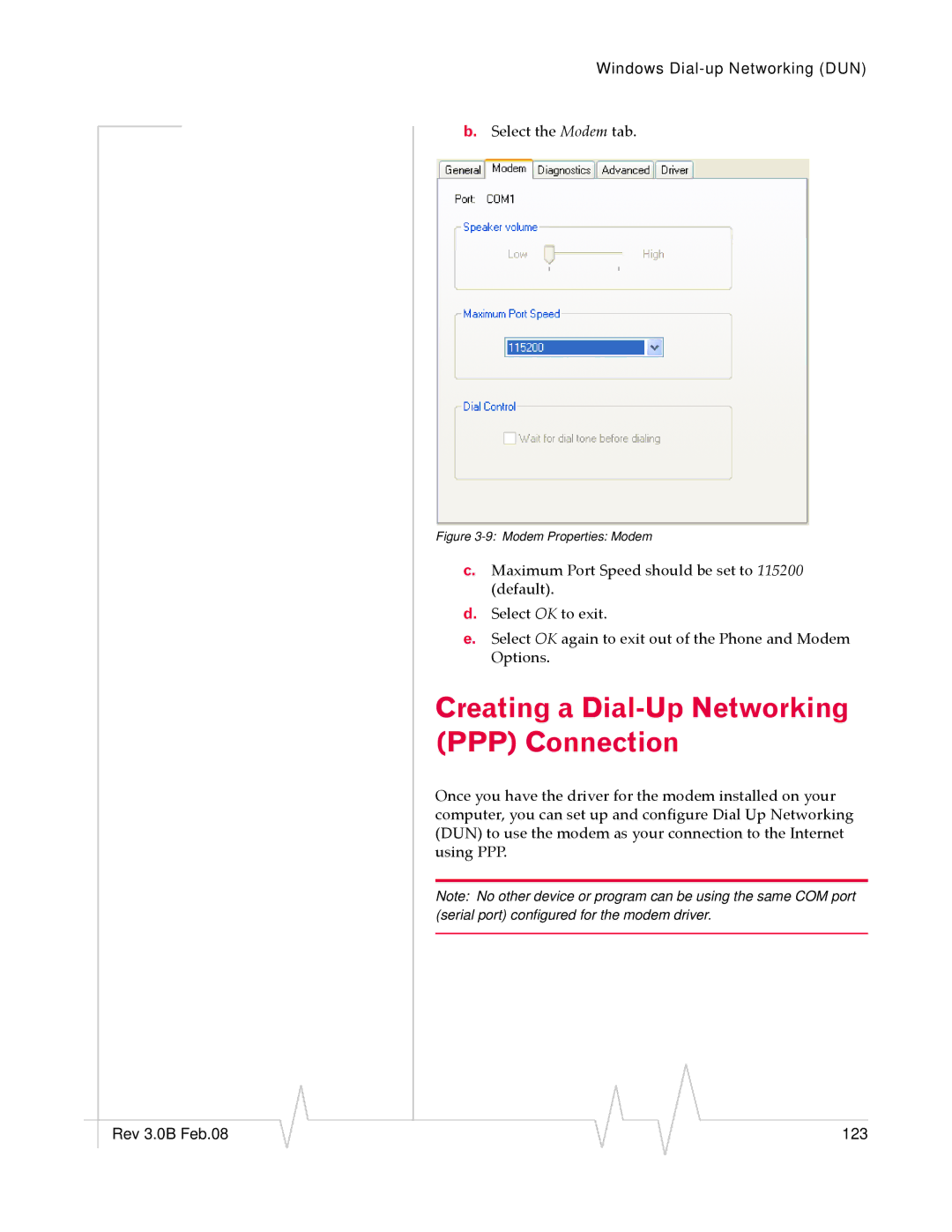 Sierra Raven EDGE manual Creating a Dial-Up Networking PPP Connection, Modem Properties Modem 