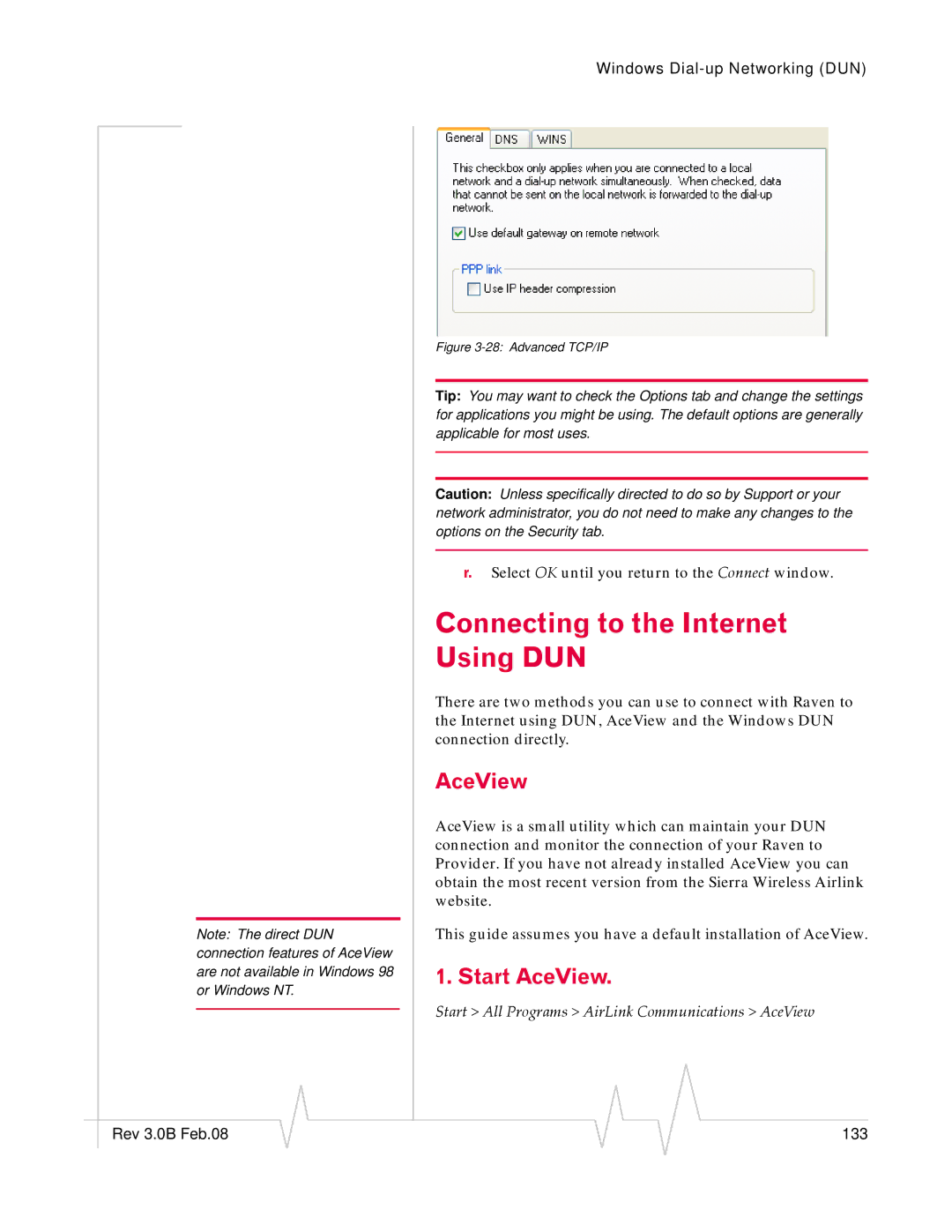 Sierra Raven EDGE manual Connecting to the Internet Using DUN, Start AceView 