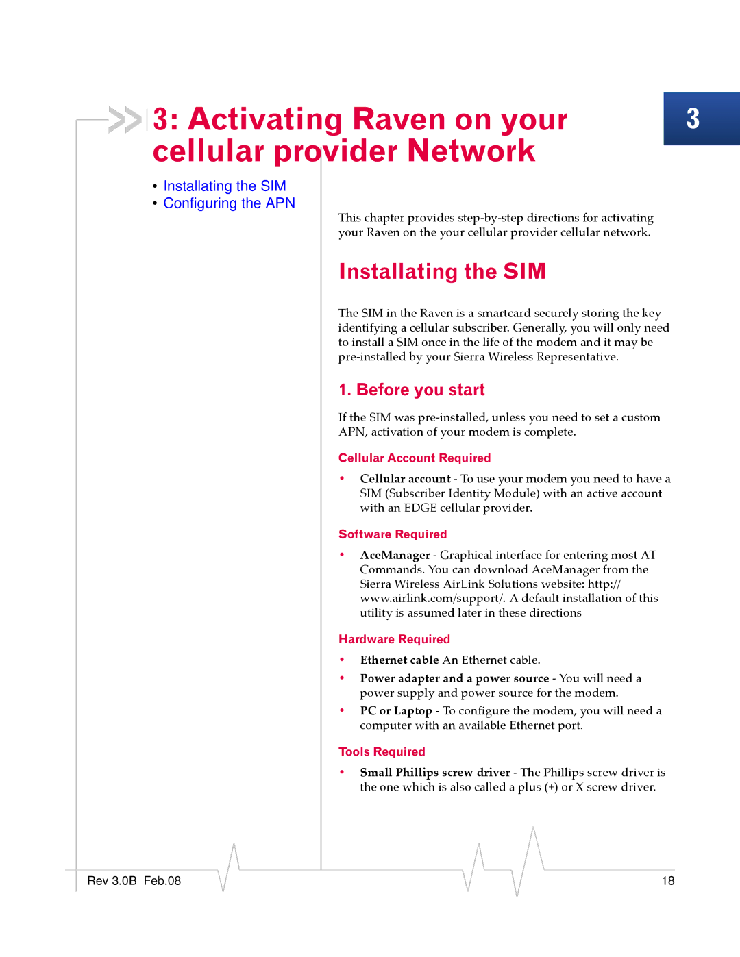 Sierra Raven EDGE manual Activating Raven on your Cellular provider Network, Installating the SIM, Before you start 