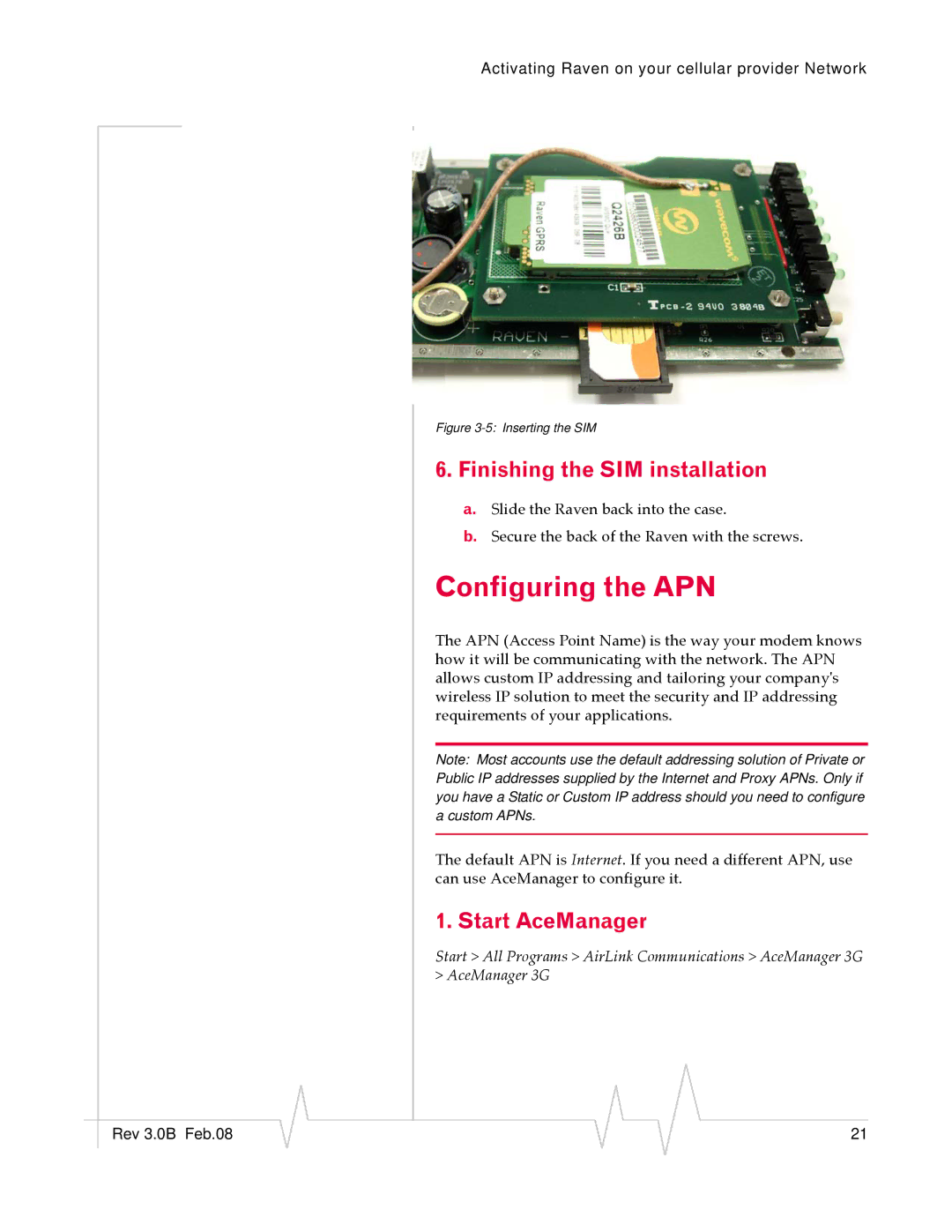 Sierra Raven EDGE manual Configuring the APN, Finishing the SIM installation, Start AceManager 