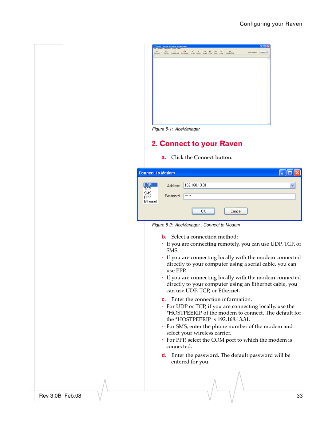 Sierra Raven EDGE manual Connect to your Raven, AceManager Connect to Modem 