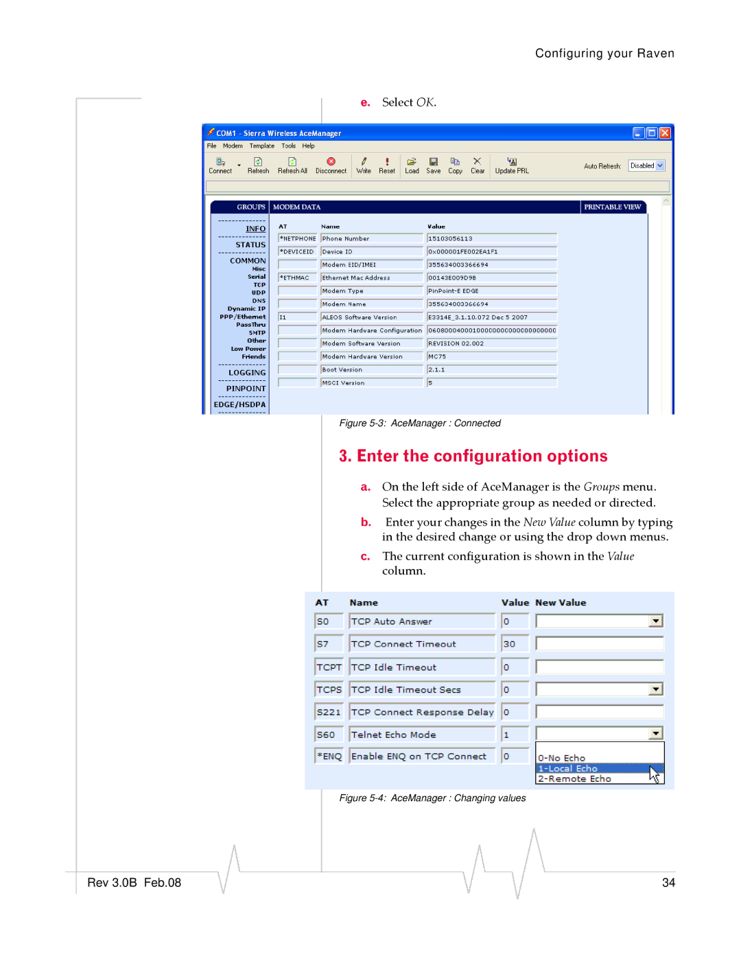 Sierra Raven EDGE manual Enter the configuration options, AceManager Connected 