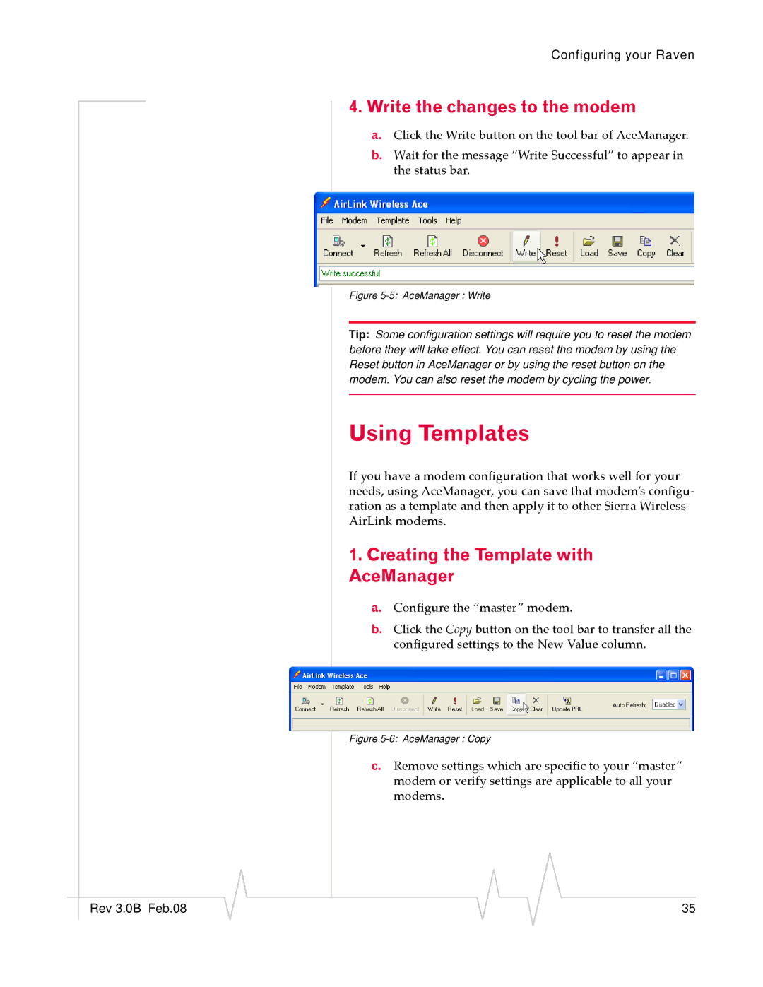 Sierra Raven EDGE manual Using Templates, Write the changes to the modem, Creating the Template with AceManager 