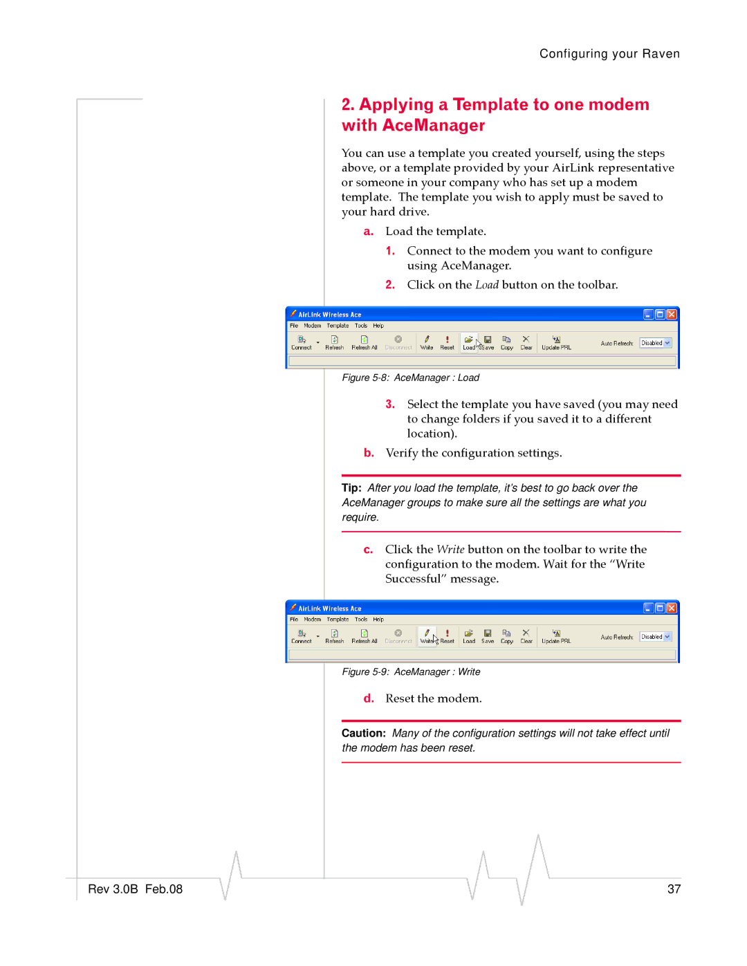 Sierra Raven EDGE manual Applying a Template to one modem with AceManager, Reset the modem 