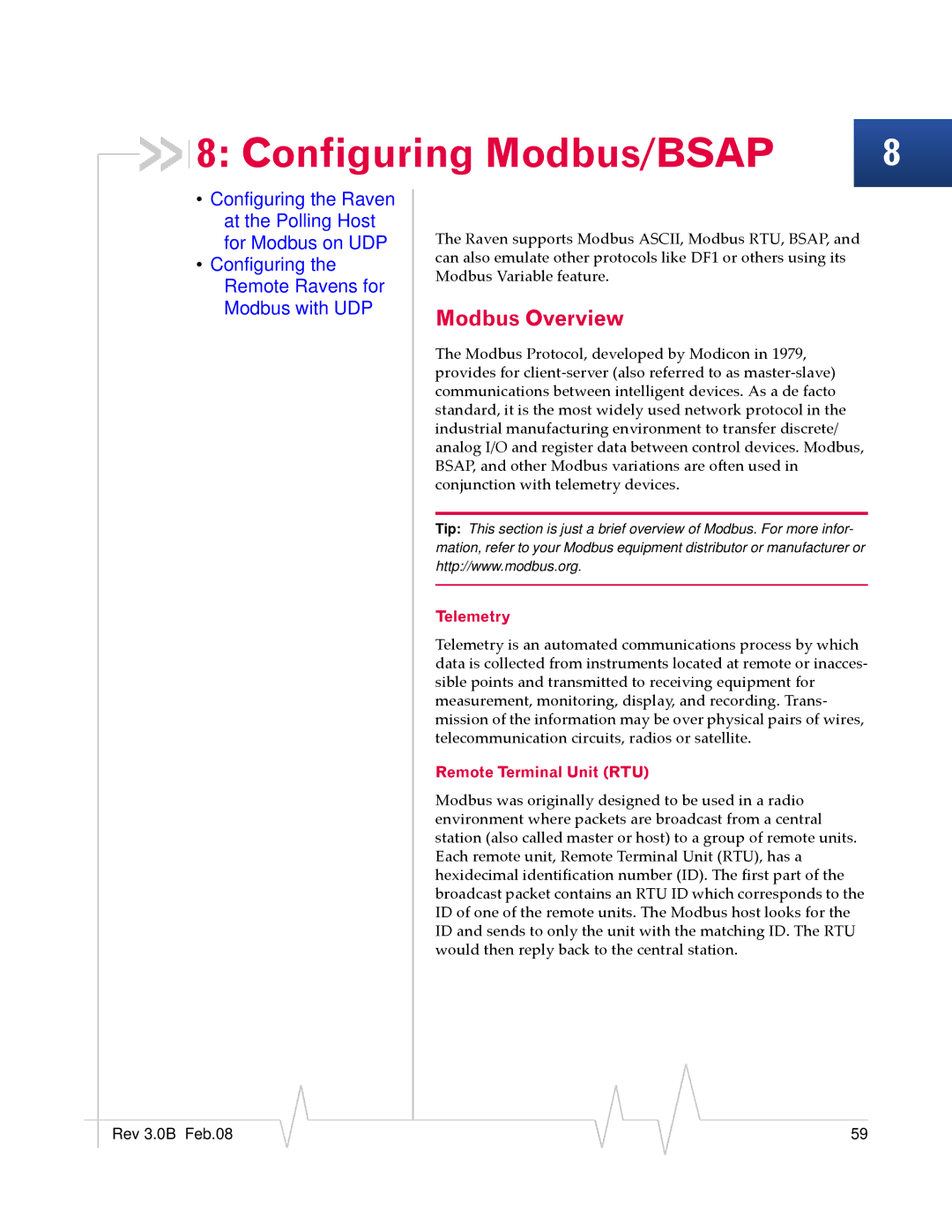 Sierra Raven EDGE manual Configuring Modbus/BSAP, Modbus Overview, Telemetry, Remote Terminal Unit RTU 