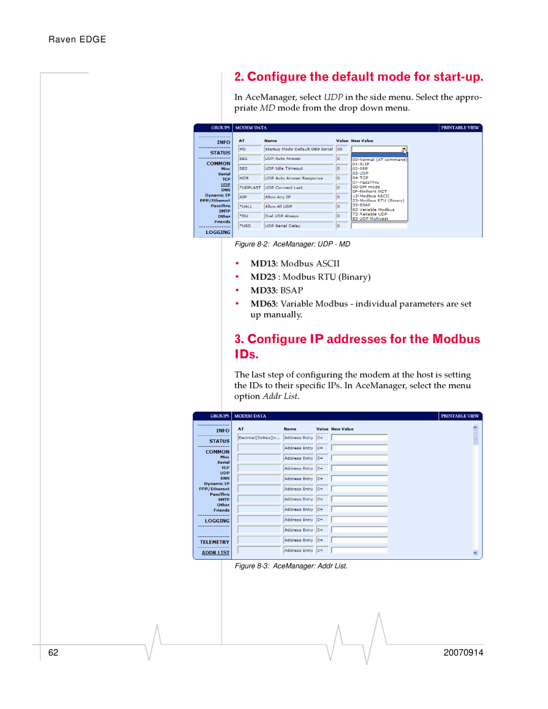 Sierra Raven EDGE manual Configure the default mode for start-up, Configure IP addresses for the Modbus IDs 