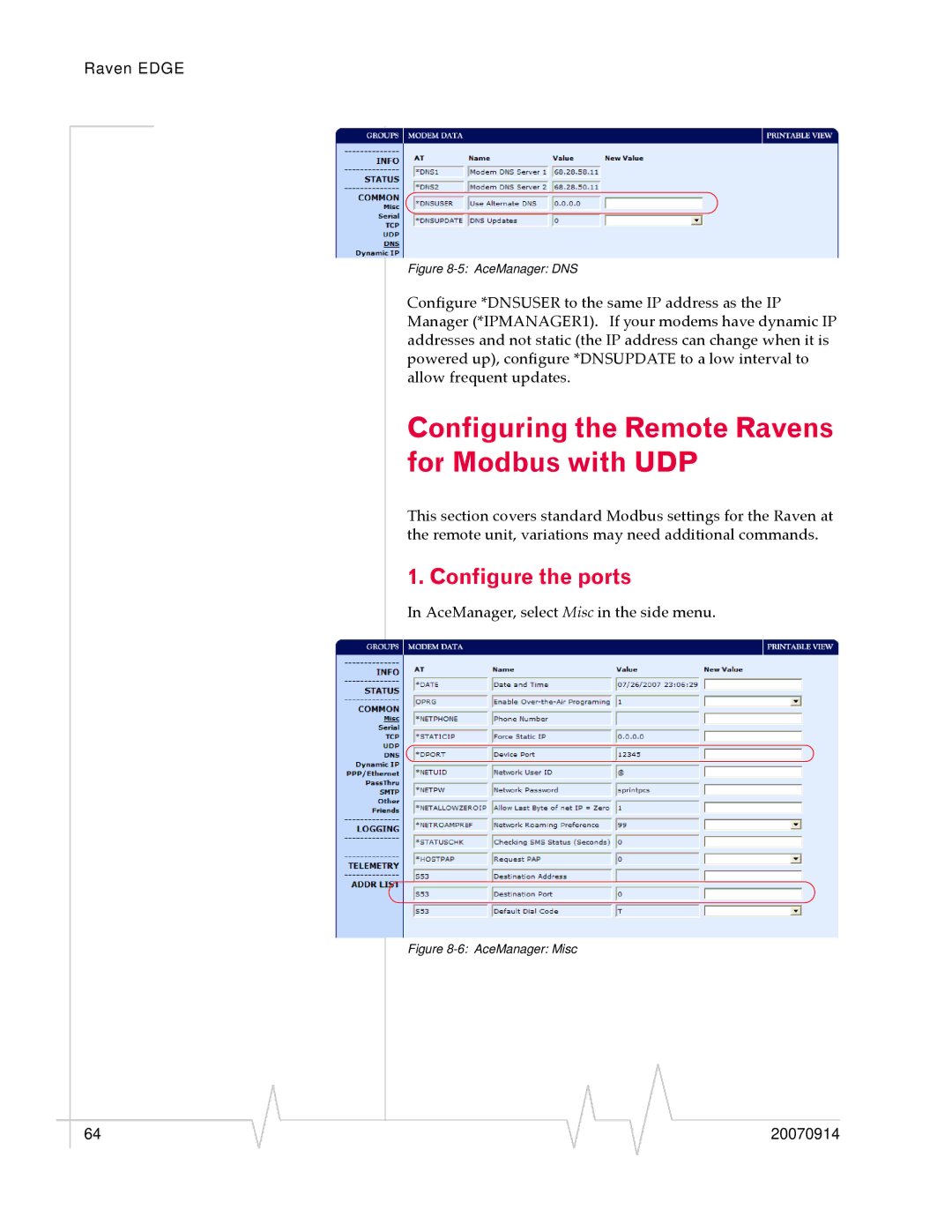 Sierra Raven EDGE manual Configuring the Remote Ravens for Modbus with UDP, Configure the ports 