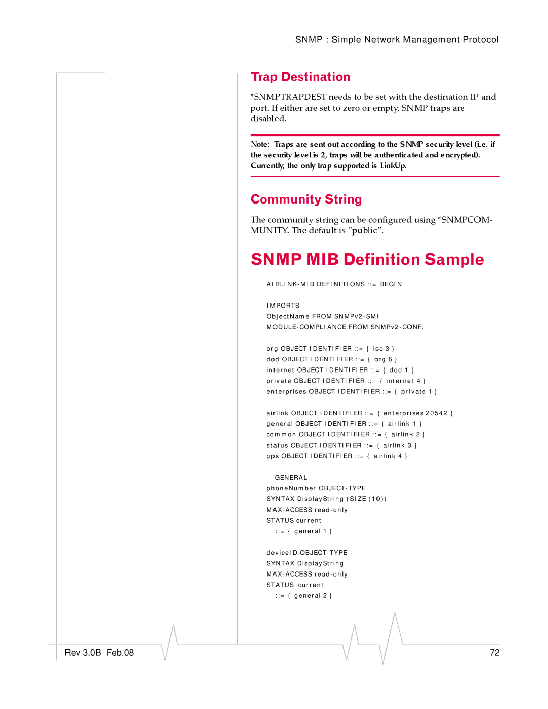 Sierra Raven EDGE manual Snmp MIB Definition Sample, Trap Destination, Community String 