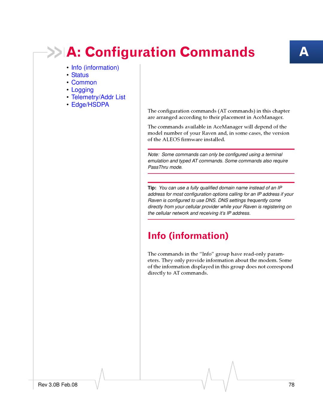 Sierra Raven EDGE manual Configuration Commands, Info information 