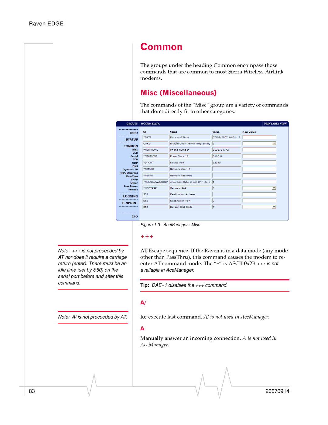 Sierra Raven EDGE manual Common, Misc Miscellaneous, +++ 
