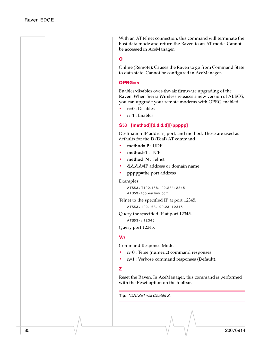 Sierra Raven EDGE manual OPRG=n, S53=methodd.d.d.d/ppppp, Method= P UDP Method=T TCP Method=N Telnet 