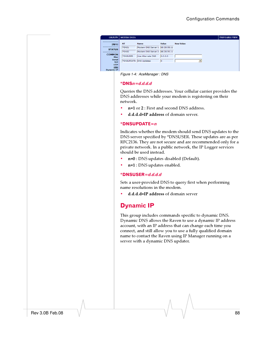 Sierra Raven EDGE manual Dynamic IP, D.d=IP address of domain server, DNSUPDATE=n, DNSUSER=d.d.d.d 