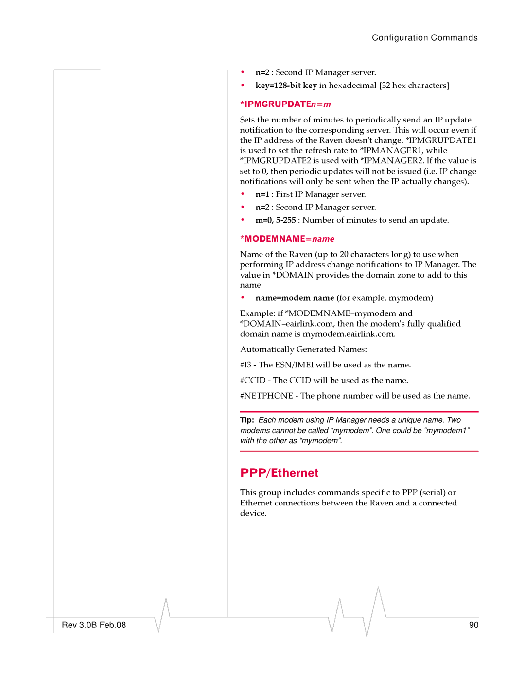 Sierra Raven EDGE manual PPP/Ethernet, IPMGRUPDATEn=m, MODEMNAME=name 