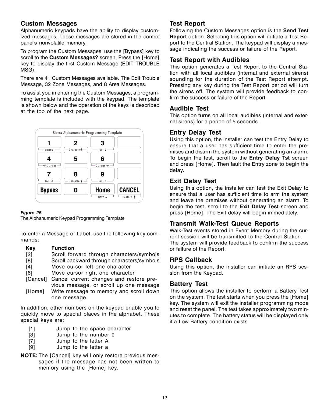 Sierra S5832SG Custom Messages, Bypass 0 Home Cancel, Test Report with Audibles, Audible Test, Entry Delay Test 