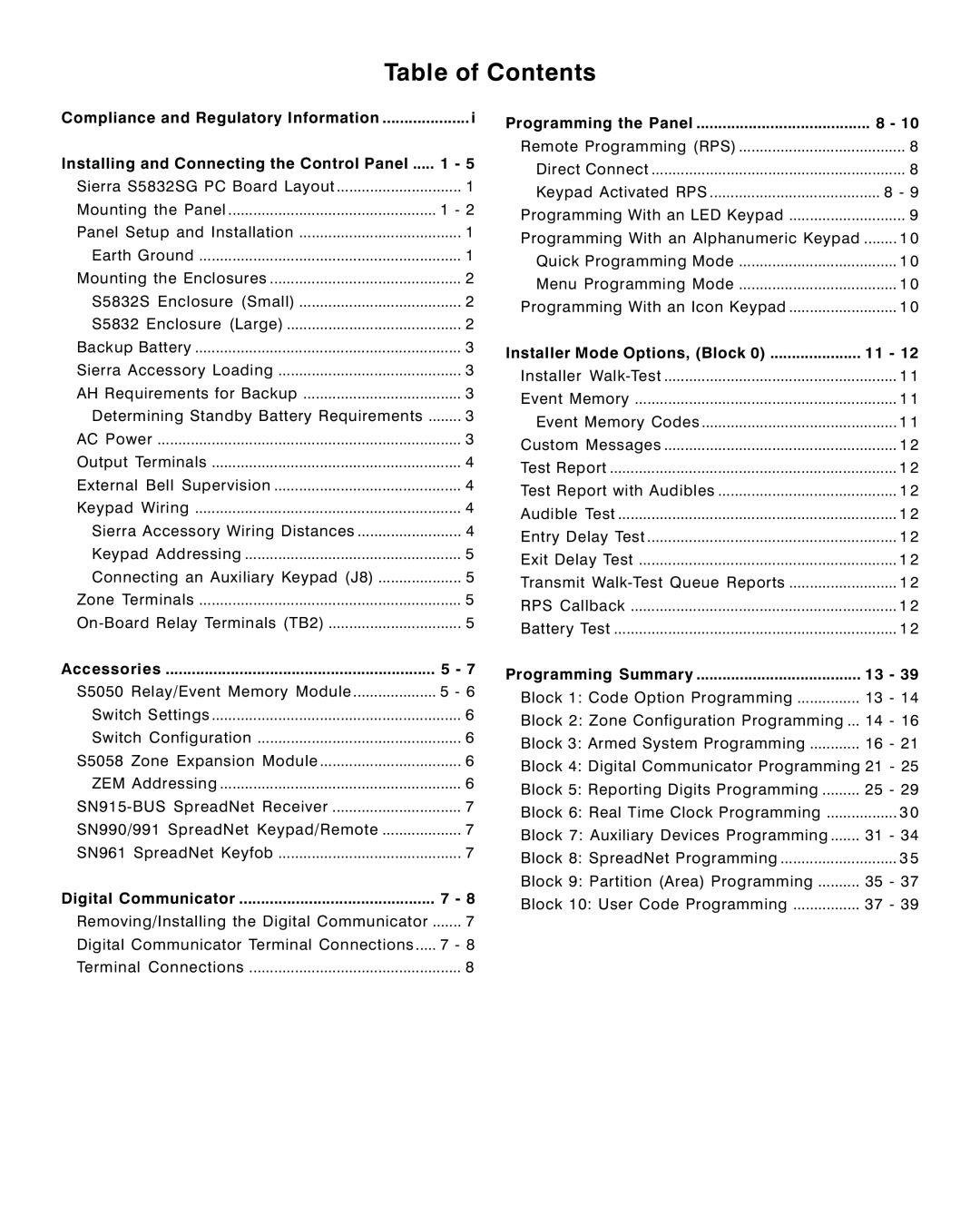 Sierra S5832SG installation instructions Table of Contents 