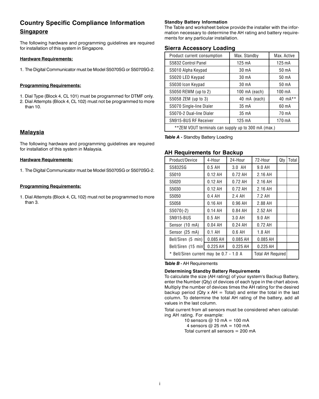 Sierra S5832SG Country Specific Compliance Information, Singapore, Malaysia, Sierra Accessory Loading 