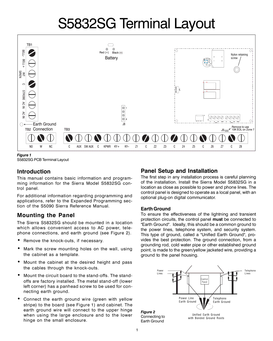 Sierra S5832SG installation instructions Introduction, Mounting the Panel, Panel Setup and Installation, Earth Ground 