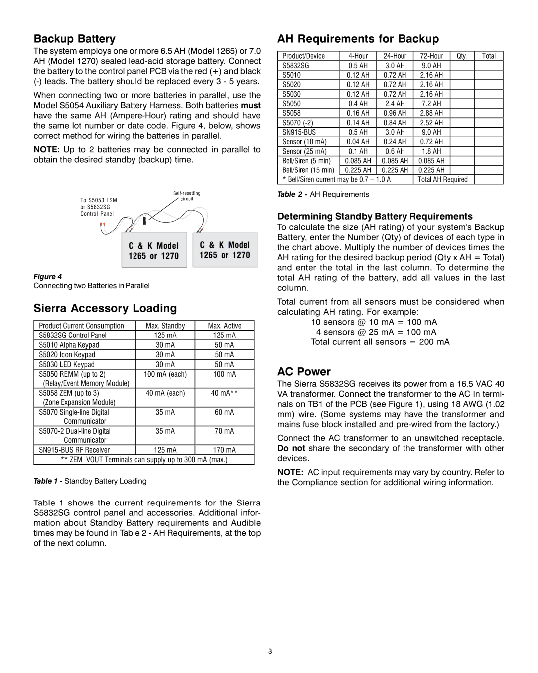 Sierra S5832SG installation instructions Backup Battery, AH Requirements for Backup, Sierra Accessory Loading, AC Power 