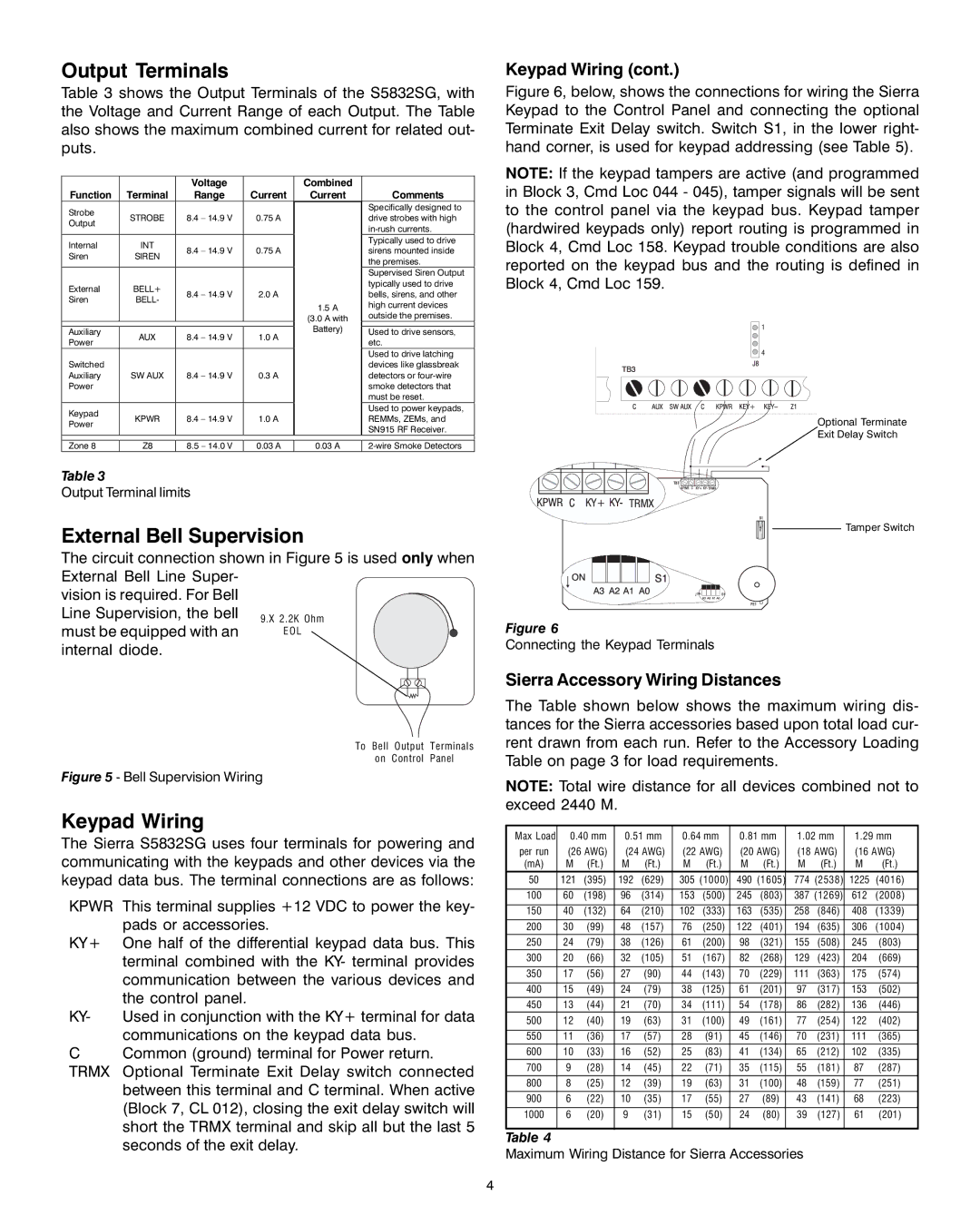 Sierra S5832SG Output Terminals, External Bell Supervision, Keypad Wiring, Sierra Accessory Wiring Distances 