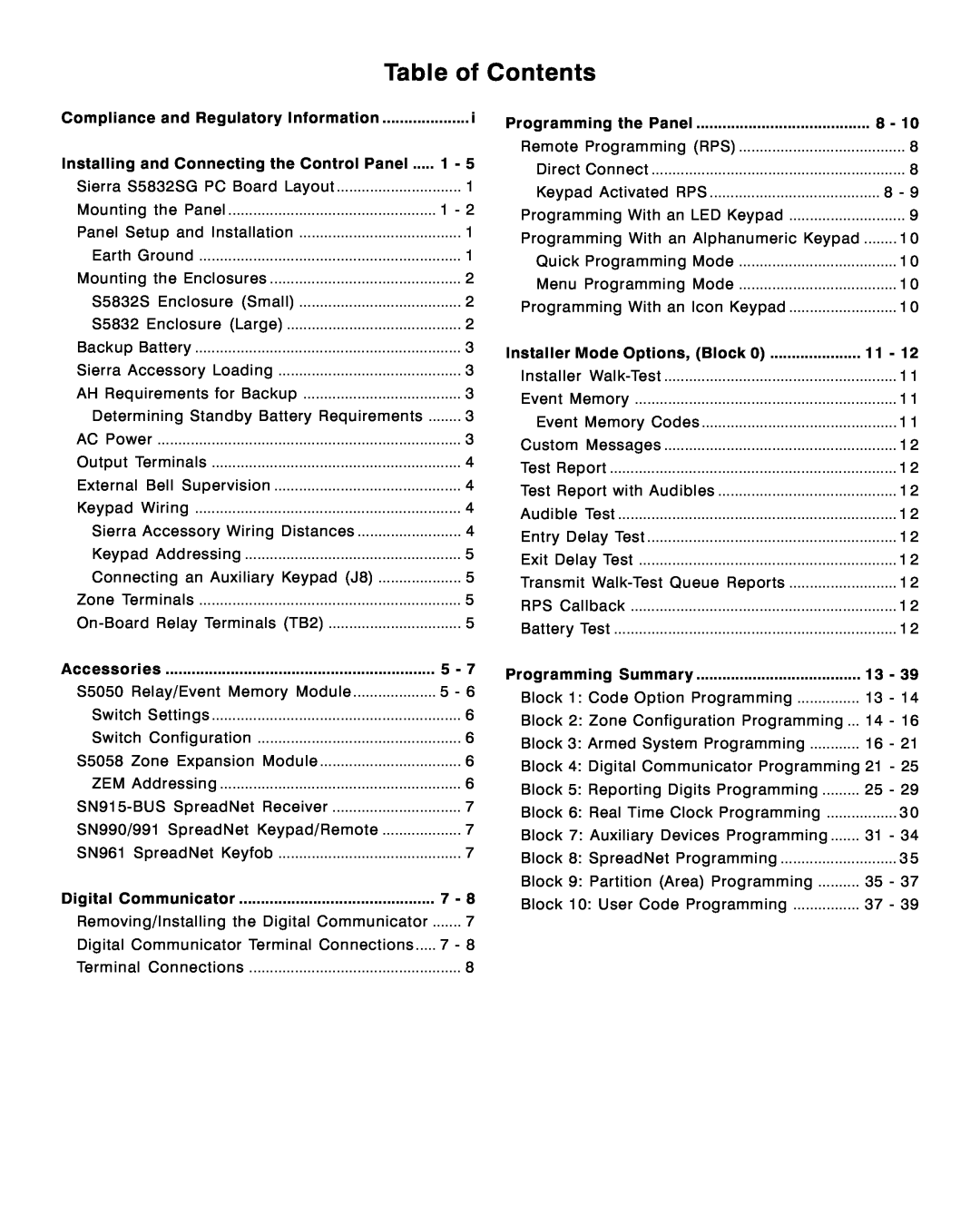 Sierra S5832SG installation instructions Table of Contents 