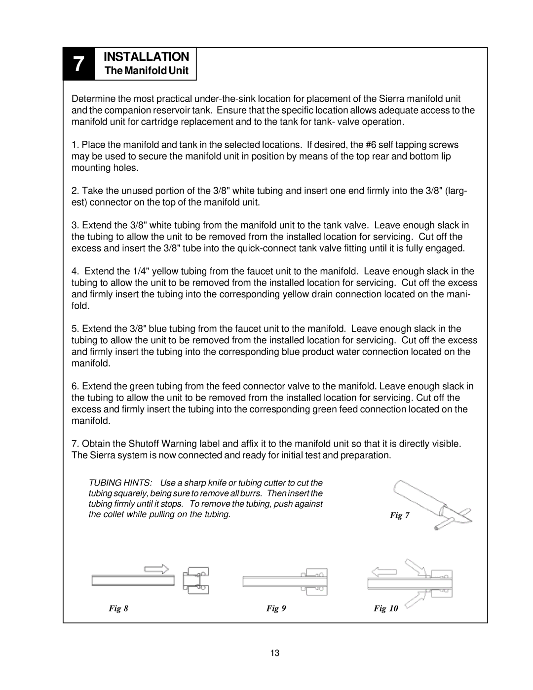 Sierra SIERRA REVERSE OSMOSIS DRINKING WATER SYSTEM, PN103257 owner manual Manifold Unit 