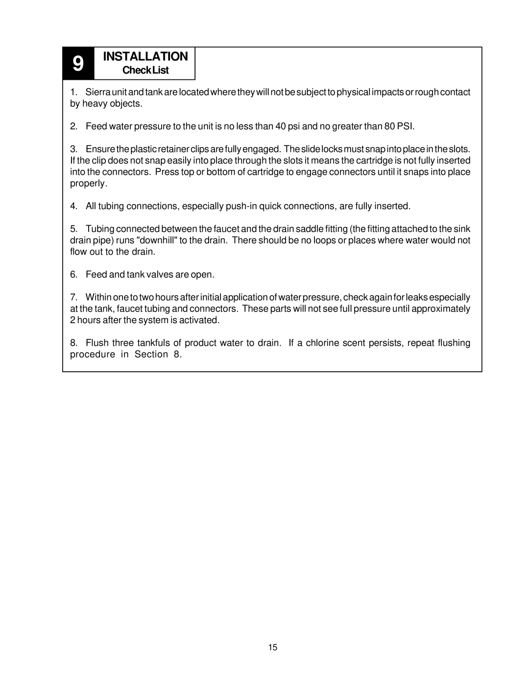 Sierra SIERRA REVERSE OSMOSIS DRINKING WATER SYSTEM, PN103257 owner manual CheckList 